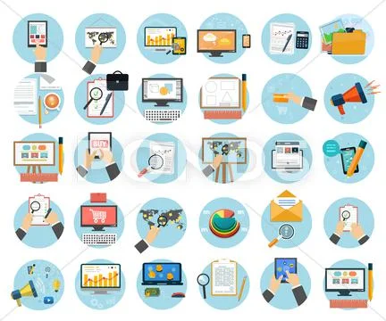 Business, office and marketing items icons. Stock Illustration