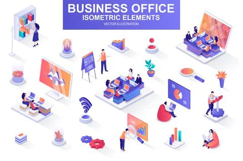 Business office bundle of isometric elements. Illustrazione stock