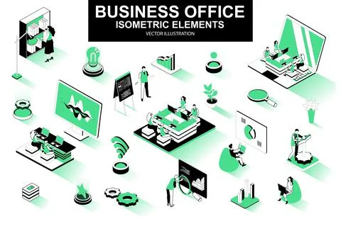 Business office bundle of isometric elements. Business analytics, project Illustrazione stock