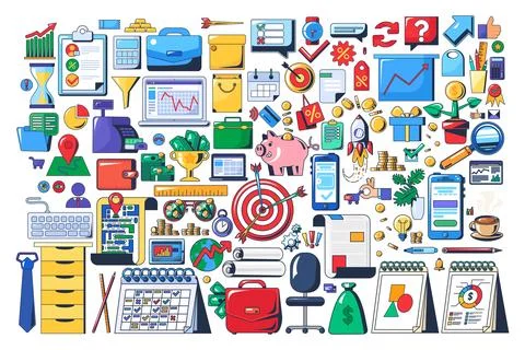 Business Office Elements Icon Collection Finance Marketing Productivity Vector Stock Illustration