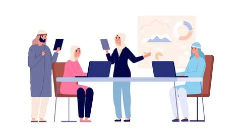 Business office workers. Arab managers, muslim islamic woman man on meeting Stock Illustration