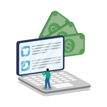 Business online ecommerce with man using laptop and bills Stockillustratie