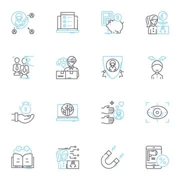 Business opening linear icons set. Inauguration, Launch, Debut, Commencement Stock Illustration