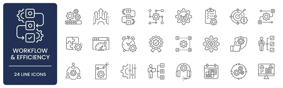 Business Operations and Workflow Efficiency Line Icon Set with Editable Stroke. Stock Illustration