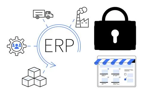 Business operations, data security, workflow management, enterprise resource  Stock Illustration