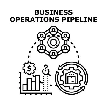 Business operations pipeline processing information and financial data Stock Illustration