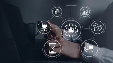 Business optimization closeup concept image with white glyph icons Stock Photos