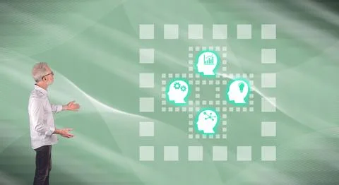 A business optimization concept explained by a businessman on a wall screen Stock Photos