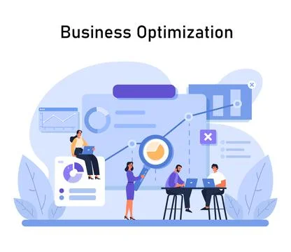 Business Optimization in focus. Teams collaborate on data-driven insights Illustrazione stock
