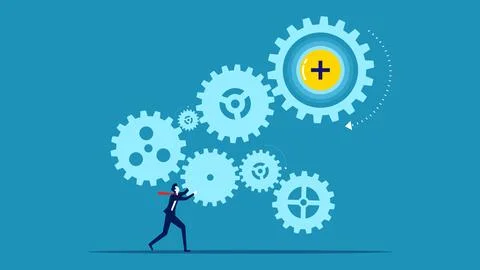 Business optimization process. Businessman connecting gear drive mechanism Illustrazione stock