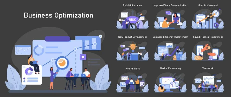 Business Optimization Set. Diverse professionals analyze data, mitigate risks. Ilustración de archivo