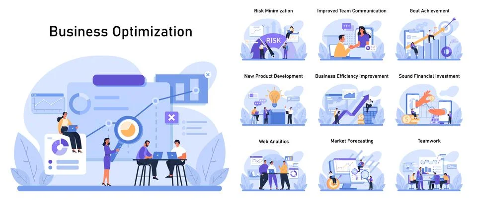 Business Optimization Set. Diverse professionals analyze data, mitigate risks. Illustrazione stock