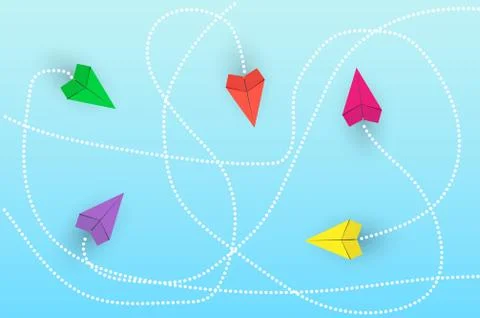 Business or career in a conceptual plot. Colored paper airplanes fly on diffe Ilustración de archivo