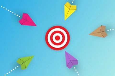 Business or career in a conceptual plot. Colored paper airplanes at different Ilustración de archivo