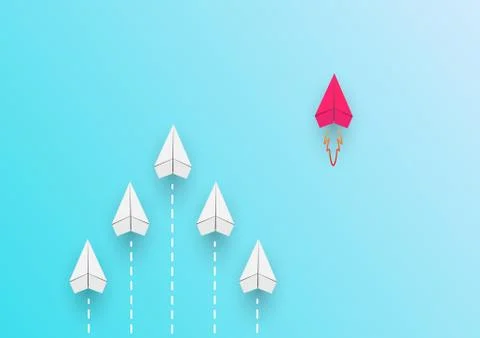 Business or career in a conceptual plot. Red airplane ahead of a group of whi Stock Illustration
