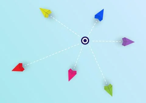 Business or career in a conceptual plot. Colored paper airplanes at different Ilustración de archivo