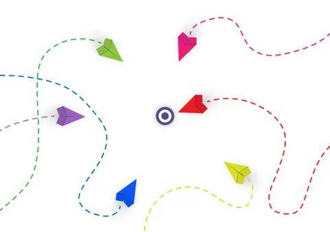 Business or career in a conceptual plot. Colored paper airplanes at different Ilustración de archivo