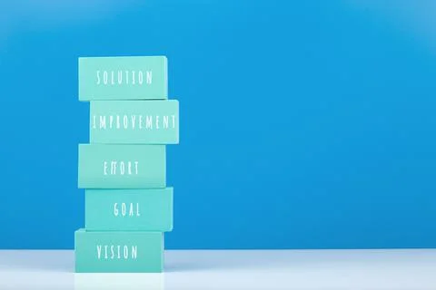 Business or personal development concept. Aqua blue rectangles with text against Stock Photos