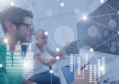 Business Overlay Interface with people on computer Stock Photos