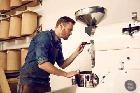 Business owner roasting coffee beans with a modern machine Foto stock