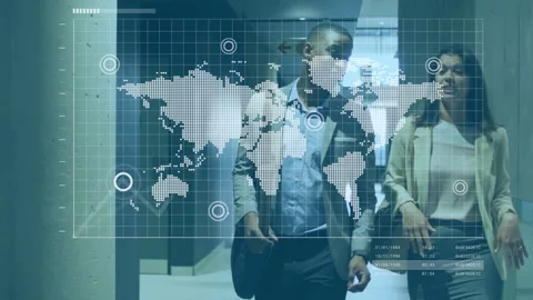 Business pair walking corridor movement initiating world map overlay over them Vídeo Stock 333609668