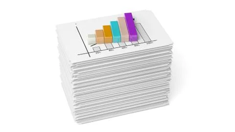 Business paper documents stack with info bar chart, isolated on white Illustrazione stock