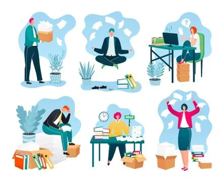 Business papers in office, piles of documents, reports on workplace, paperwork Stock Illustration