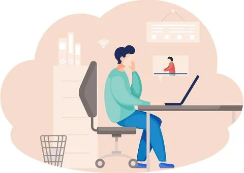 Business partners communicating, using video calling. Men discuss work issues イラスト素材