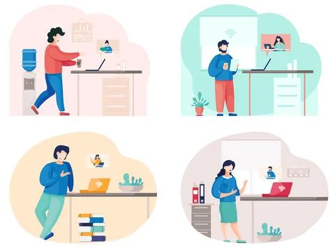 Business partners communicating, using video calling, holds meeting talking via Stock Illustration