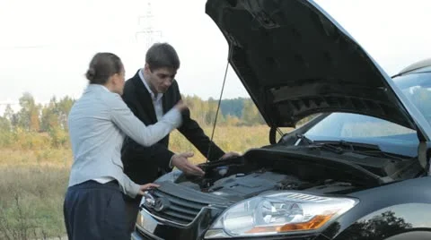 Business partners row next to broken car Stock Footage 12392854