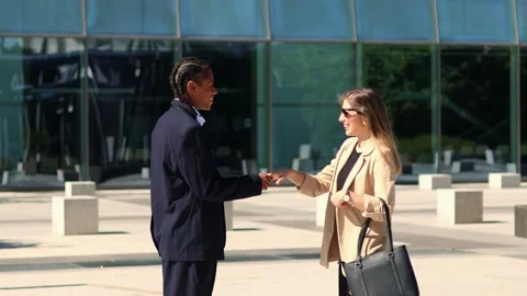 Business partners shaking hands in front of modern office building Stock Footage 317014330