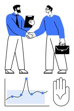 Business Partnership and Data Analysis Concept with Handshake and Chart Ele.. Illustrazione stock