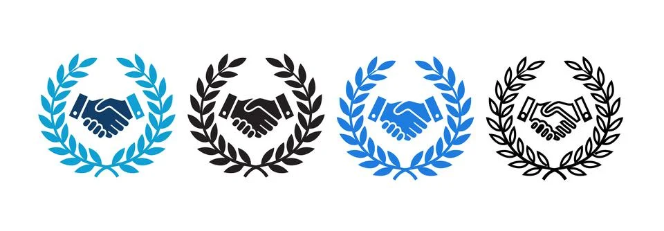 Business partnership handshake solid icon set. Featuring laurel wreath symb.. Stock Illustration