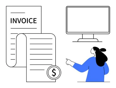 Business Payment Processing with Computer and Invoice Document Stockillustratie