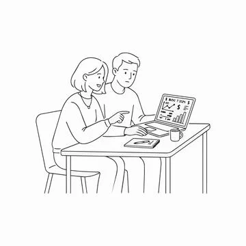 Business people analyzing data on laptop, teamwork and finance concept Silh.. Stock Illustration