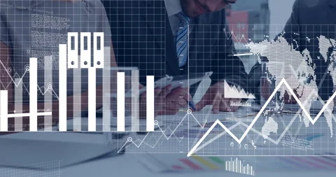 Business people analyzing documents with financial data processing animation Stock Footage 308994602