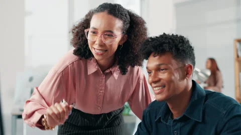 Business, people and computer with coaching in office for website design, user Stock Footage 294688371