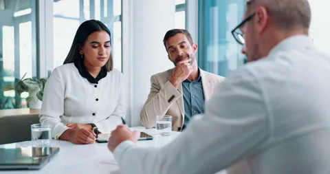 Business, people and documents for interview in office, recruitment process and 库存影片 303556012