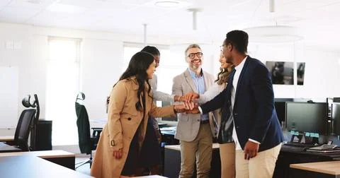 Business, people and hand stack in office for motivation, teamwork and cele.. Foto stock