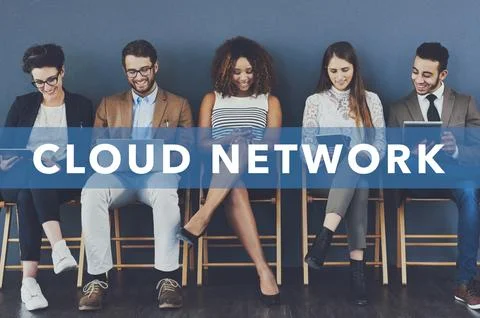 Business people, cloud computing and waiting room with tech, ux designer and Stock Photos