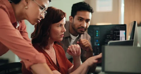 Business people, coach or computer with team for programming, coding or app Stock Footage 330046964