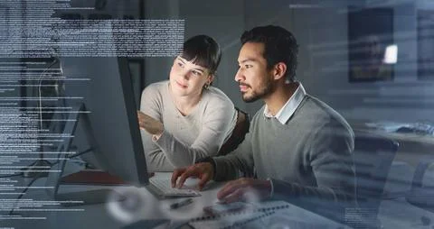 Business people, code with collaboration and information technology, computer Stockfoto's