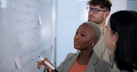 Business people, coding and communication with whiteboard for planning, problem Stock Footage 281083408