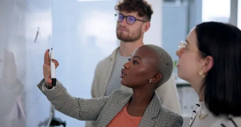 Business people, coding and discussion with whiteboard for planning, problem Vidéo 281082735