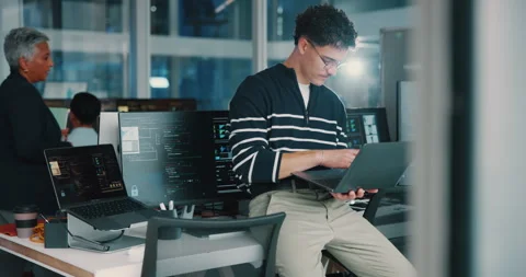 Business people, coding and man with laptop, problem solving and html with Stock Footage 308997777