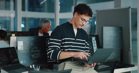 Business people, coding and man with laptop, thinking and problem solving with Stock Footage 309141944