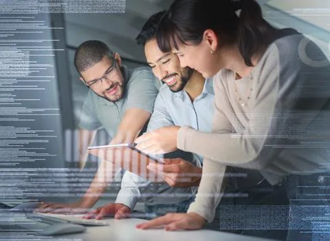 Business people, coding overlay and information technology with tablet Stock Photos