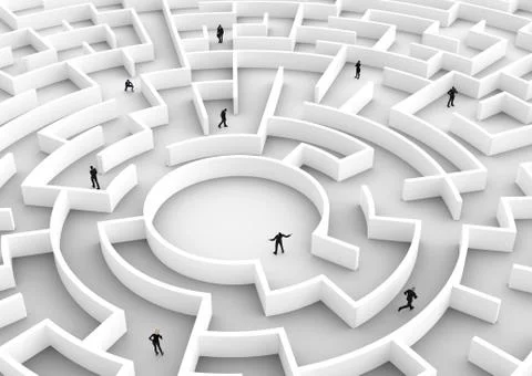 Business people competition - finding a solution of the maze., one winner. Stock Illustration