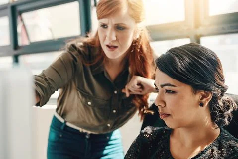 Business people, computer and help with teamwork, women and conversation with Stock Photos