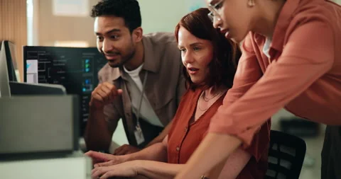 Business people, computer and programming with team for coding or app discussion Stock Footage 330047159